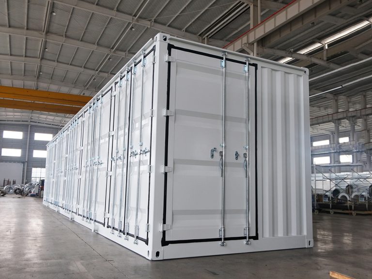 Long equipment container with multiple access doors